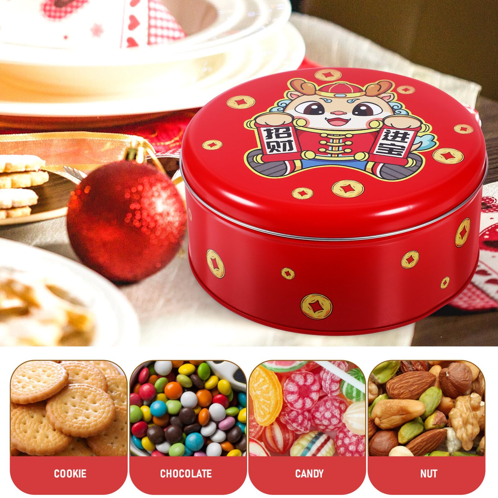 Amazon｜Kichvoe 中国風 新しい 年 クッキー 缶 蓋付き 丸型 年 龍